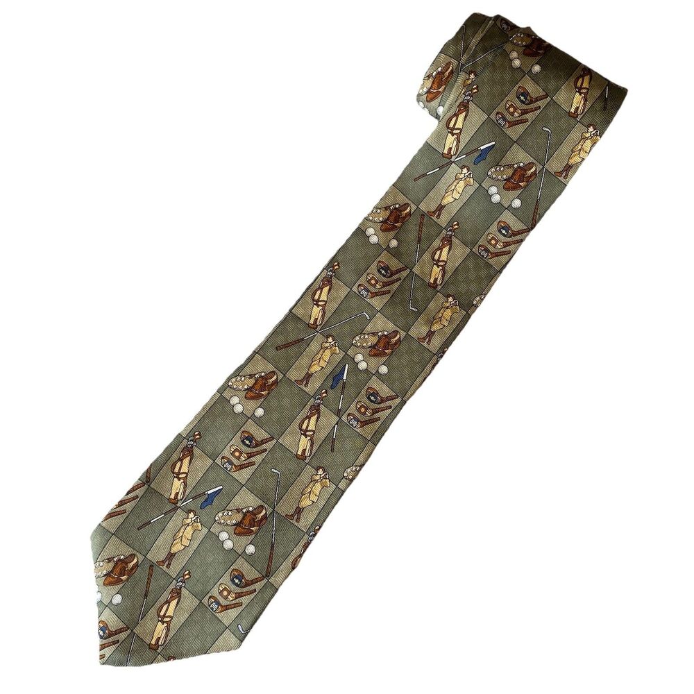 Zianetti Olive Green Brown 100% Silk Mens Classic Golf Tie USA Golfer Golfing